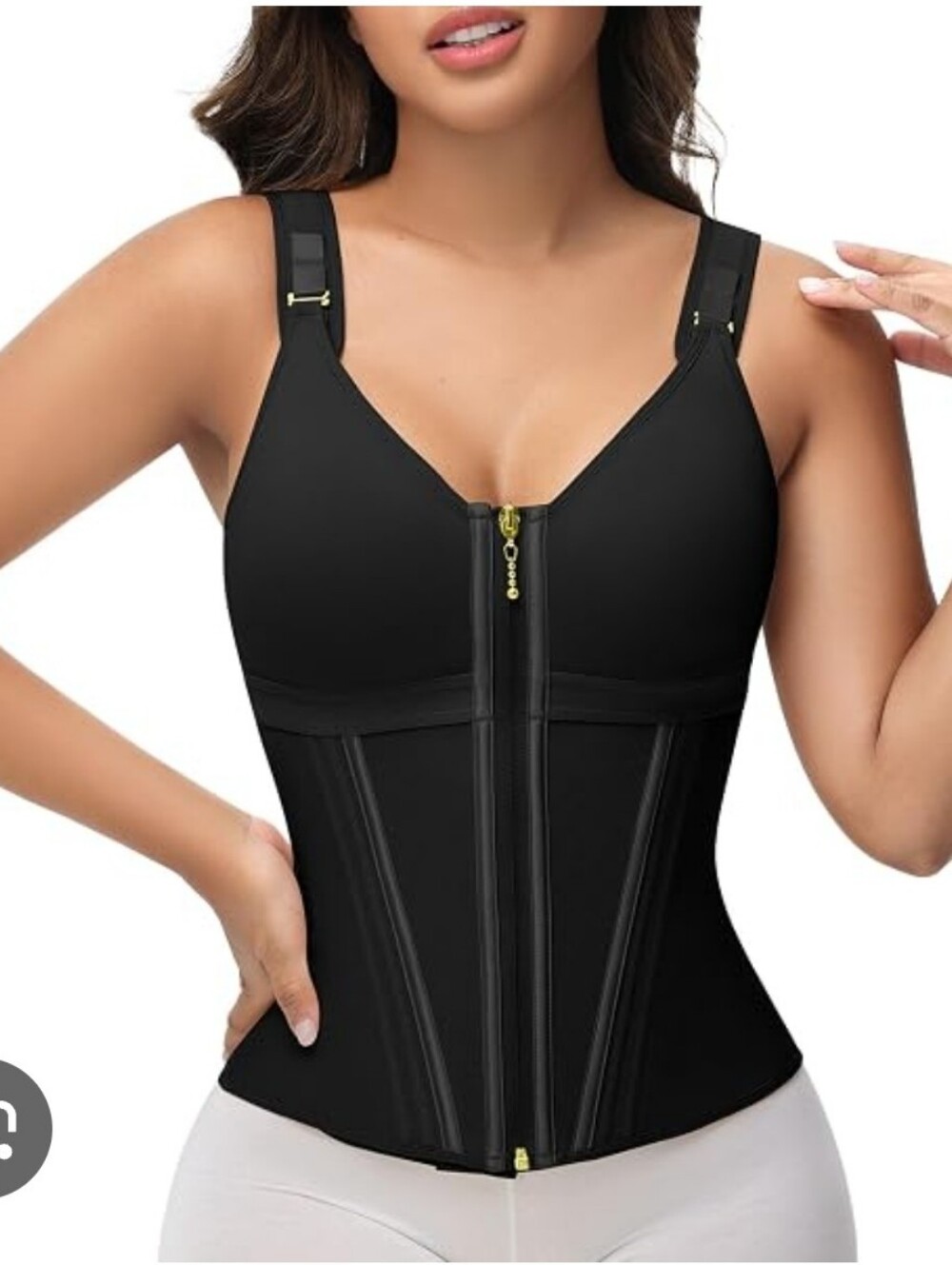 Black Front-Zip Waist Cincher Shapewear with Adjustable Straps